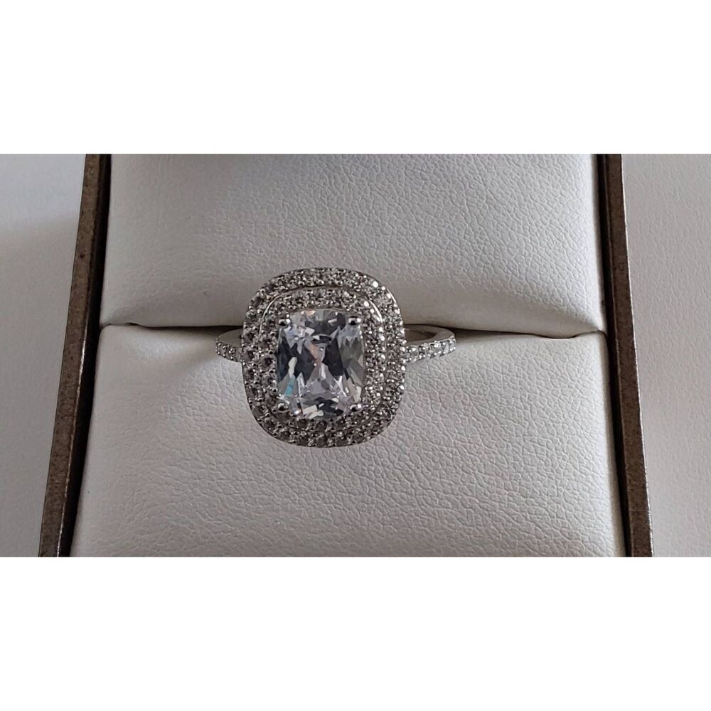 3 Ct. Genuine Diamond Simulant Cushion & Double Round Halo Engagement Ring Sz 8